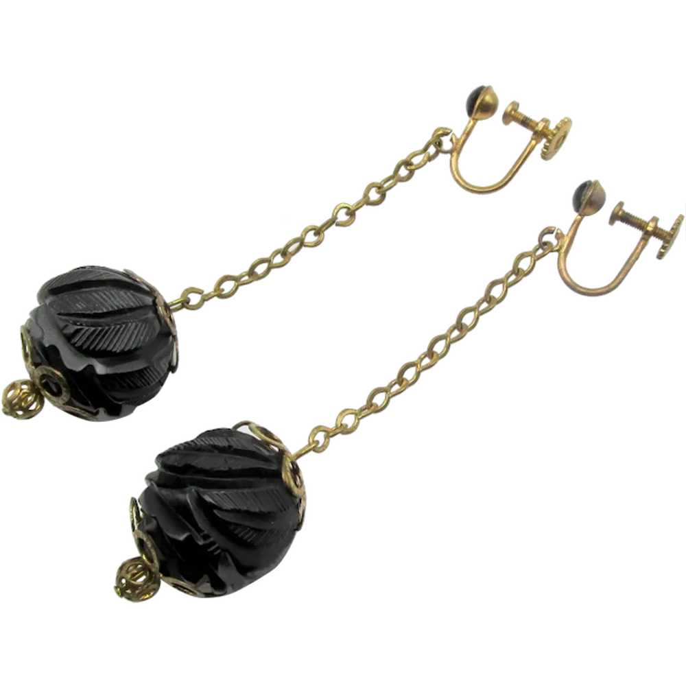 Antique Victorian Whitby Jet Carved Drop Earrings - image 1