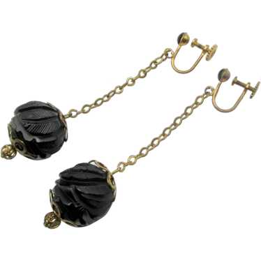 Antique Victorian Whitby Jet Carved Drop Earrings