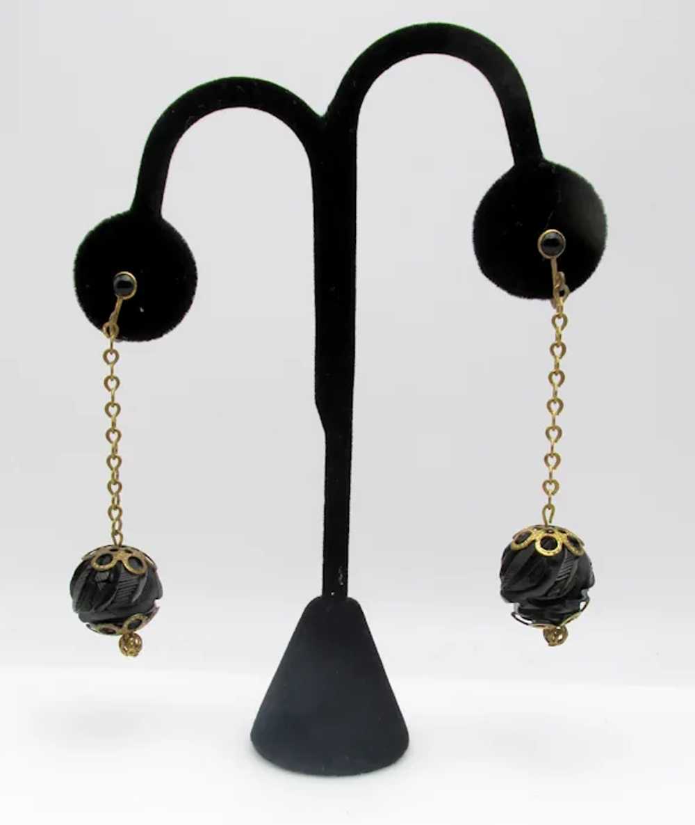 Antique Victorian Whitby Jet Carved Drop Earrings - image 2