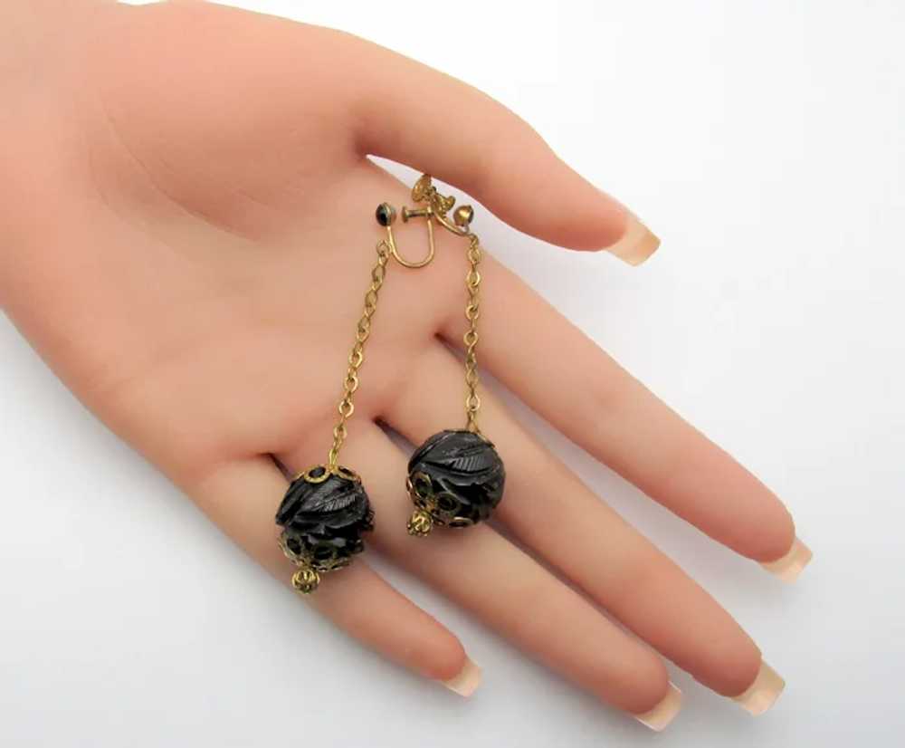 Antique Victorian Whitby Jet Carved Drop Earrings - image 3