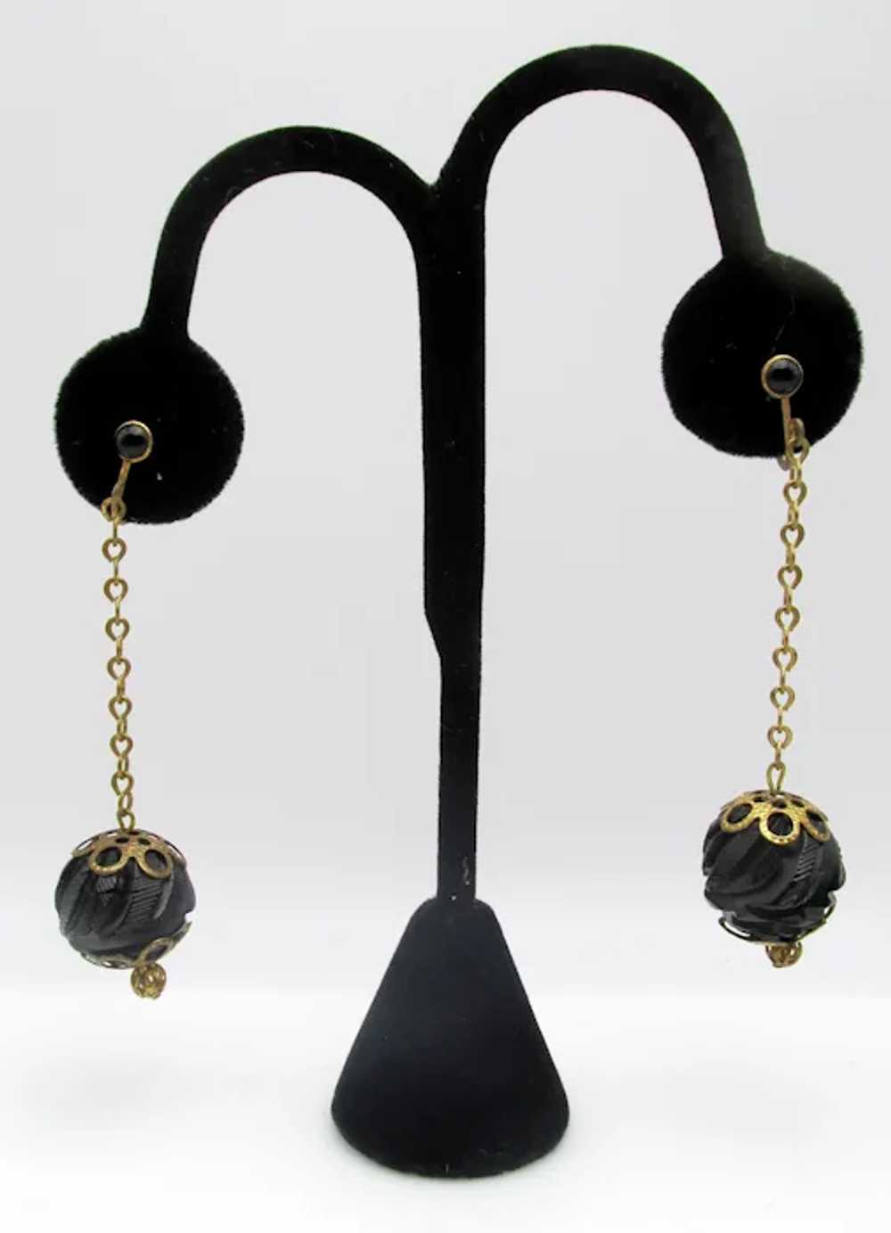 Antique Victorian Whitby Jet Carved Drop Earrings - image 4