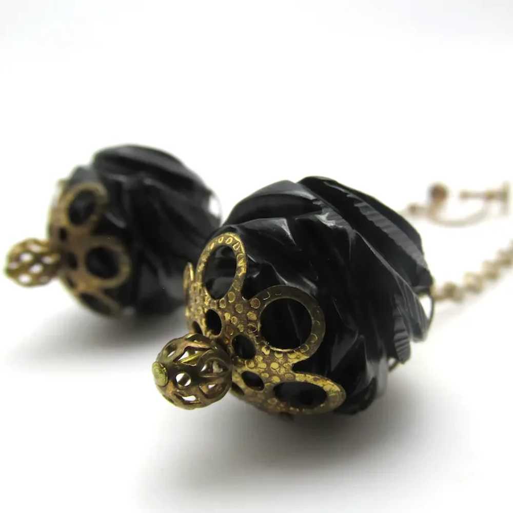 Antique Victorian Whitby Jet Carved Drop Earrings - image 5