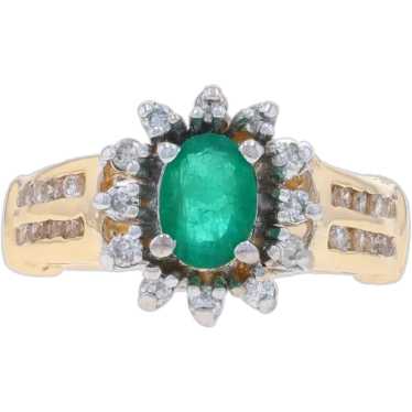 Yellow Gold Emerald & Diamond Halo Ring - 14k Oval