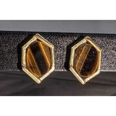 Vintage Whiting and Davis Gold Tiger's Eye Clip O… - image 1