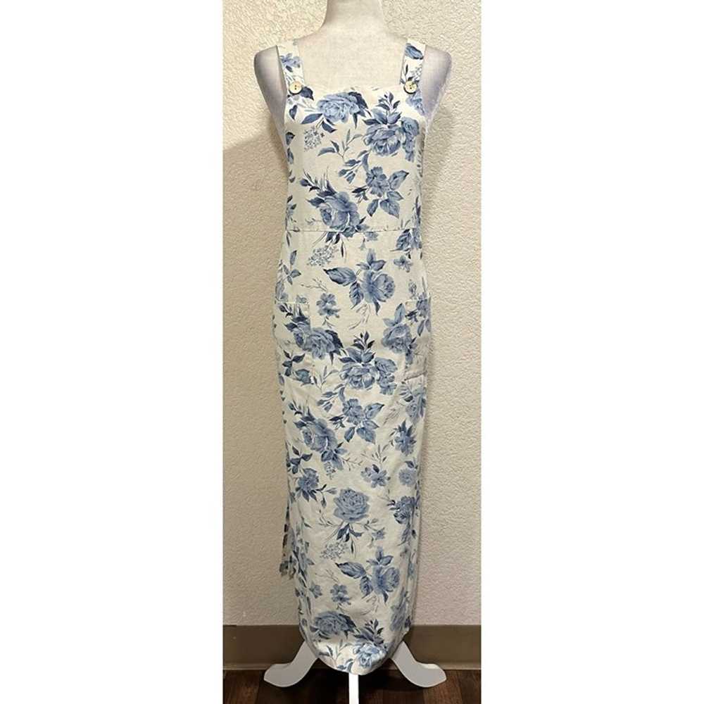 Two Twenty Vintage 90s Blue Floral Linen Blend Ov… - image 1