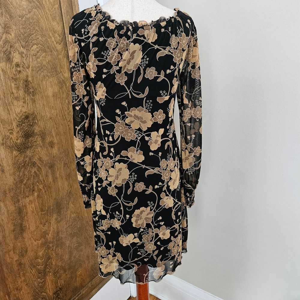 Y2k Floral Mesh Mini Dress Black Tan Milkmaid Lon… - image 5