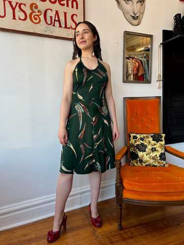 Green Feather Print Halter Dress