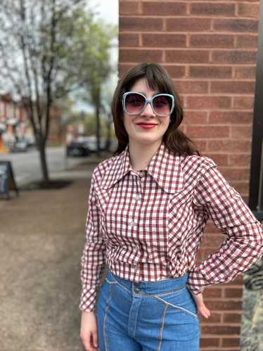 70’s Brown & White Gingham Jacket w/Huge Petal Col