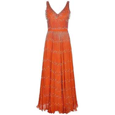 Couture 1960s Burnt Orange Silk Chiffon Gown with… - image 1