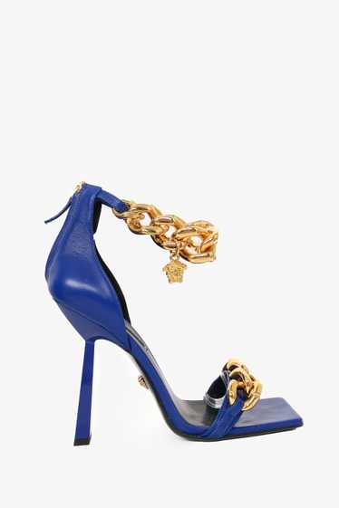 Versace Blue Leather Medusa Gold Chain Sandals Siz