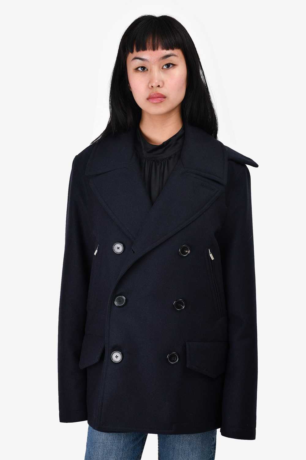 Hermès Navy Wool Double Breasted Coat Size 48 - image 1