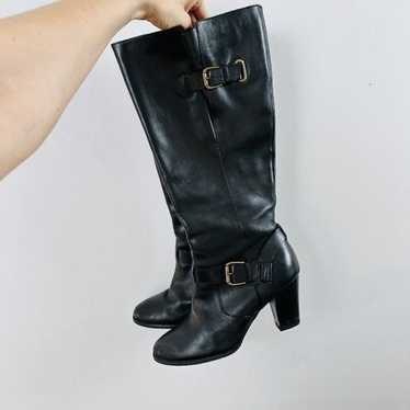 Clarks Knee High Black Leather Heeled Boots Gold … - image 1