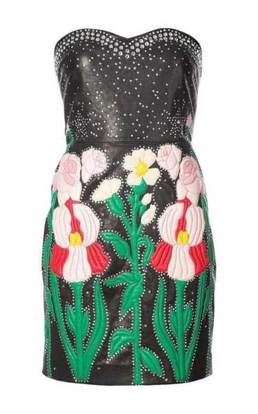 GUCCI Leather Flower Intarsia Strapless Dress