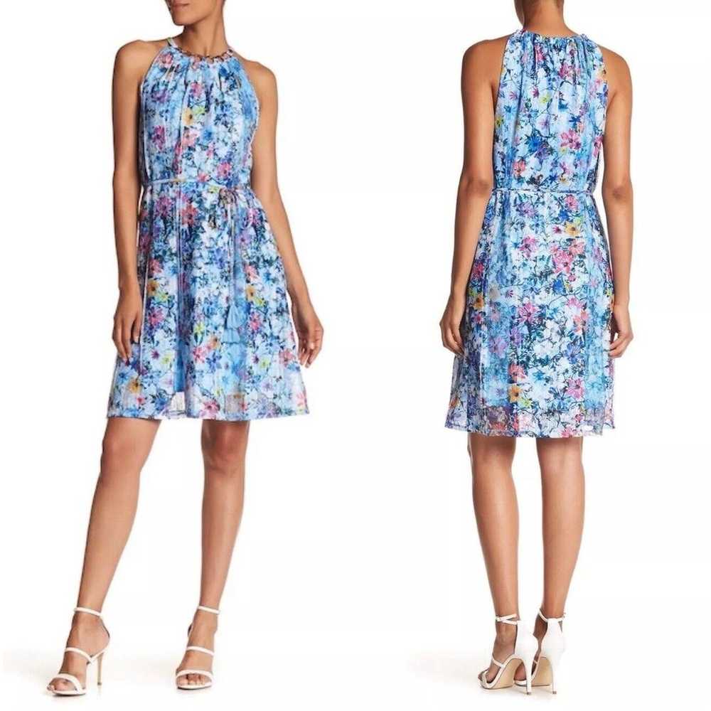 Tahari Debrah Dress M Floral Loop Collar Blue Bel… - image 11