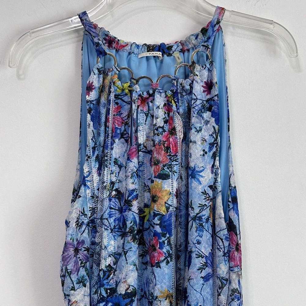Tahari Debrah Dress M Floral Loop Collar Blue Bel… - image 4