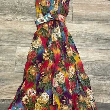 Vintage Floral Print Belt high low Dress By Togeth