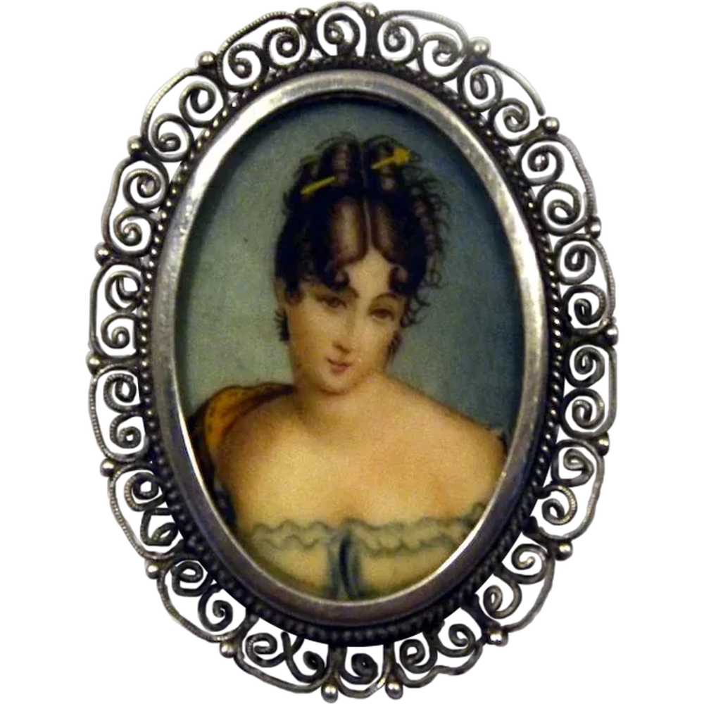 Hand painted oil miniature portrait brooch-pendan… - image 1