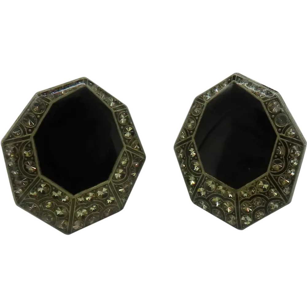 Pretty Art Deco Style Earrings Black Enamel & Cry… - image 1