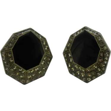 Pretty Art Deco Style Earrings Black Enamel & Cry… - image 1