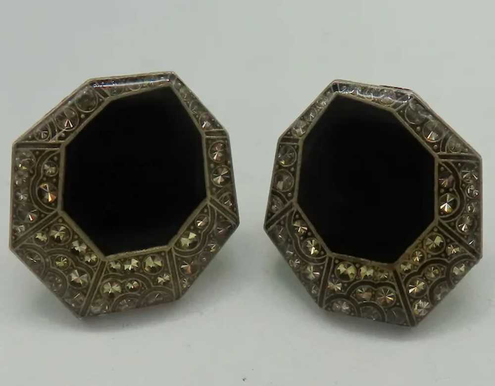 Pretty Art Deco Style Earrings Black Enamel & Cry… - image 2