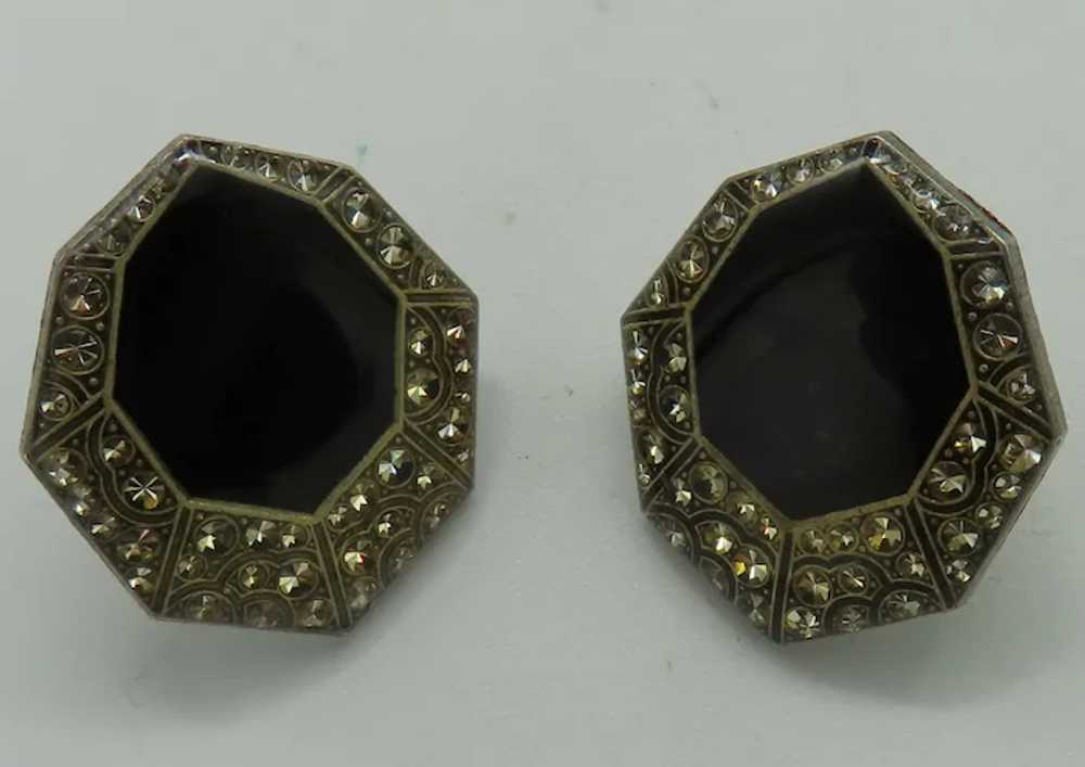 Pretty Art Deco Style Earrings Black Enamel & Cry… - image 3