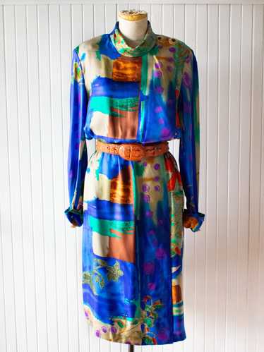 Vintage 1980s Silk Maximalist Print Dress Large