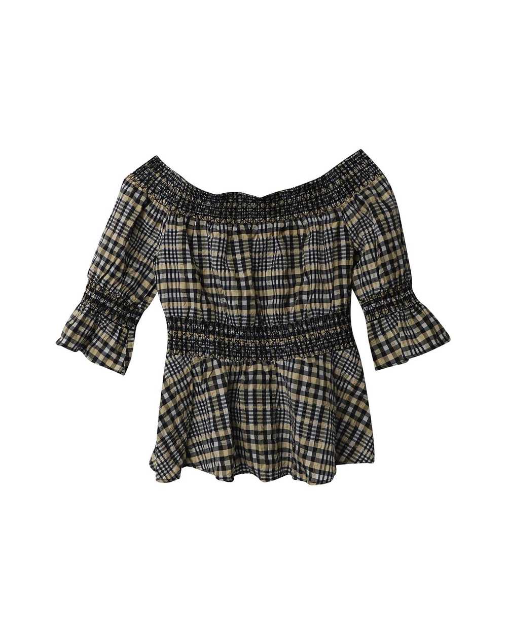 Ganni Off-Shoulder Checkered Cotton Top with Fron… - image 4