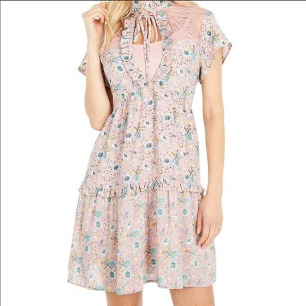 Double D Ranch Pink Floral Dress V-Neck Ruffle Ti… - image 1