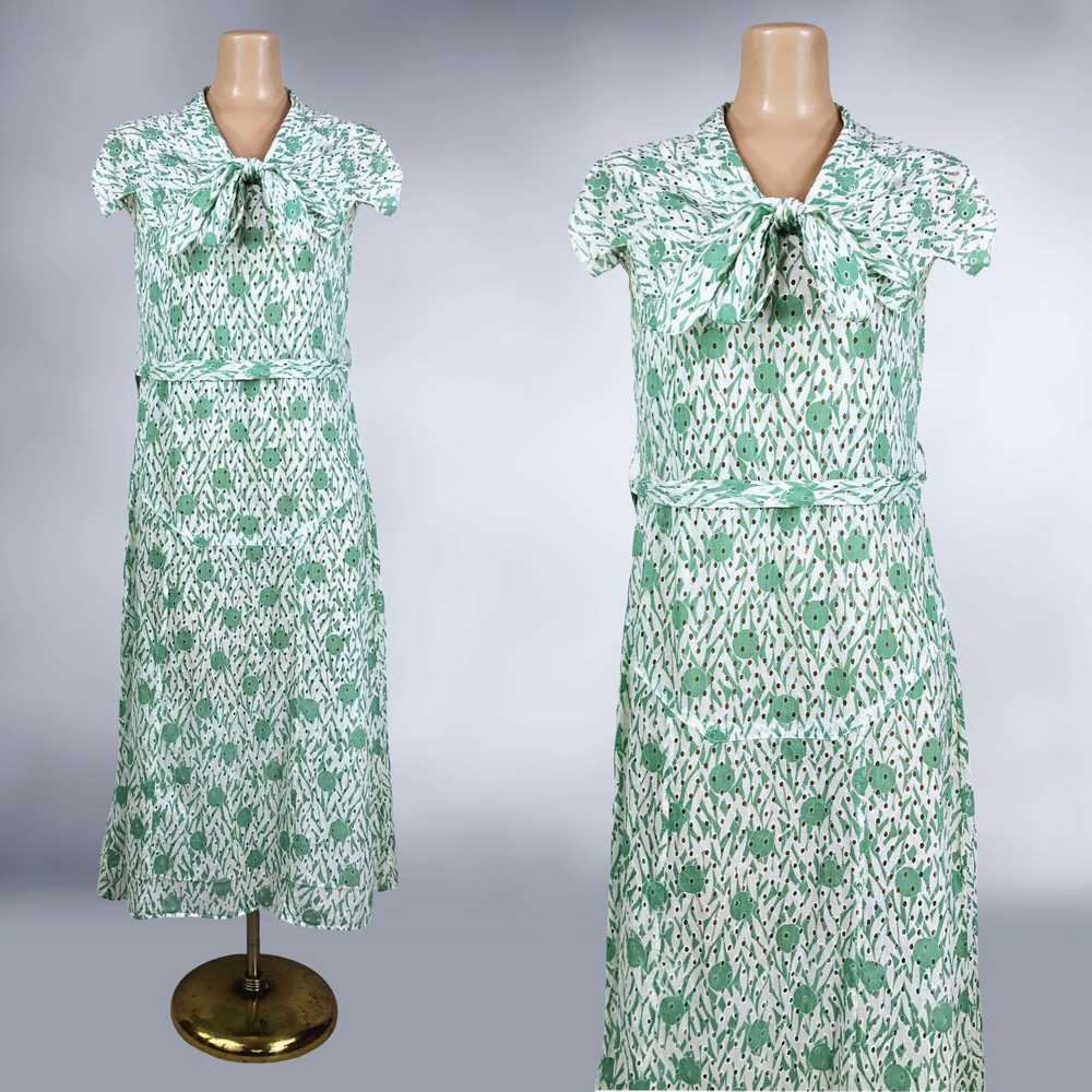 20s 30s Vintage Novelty Print Eyelet Lace Dress w… - image 1