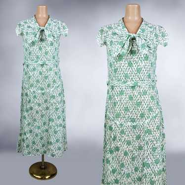 20s 30s Vintage Novelty Print Eyelet Lace Dress w… - image 1