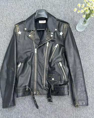 Saint Laurent slpL17 distressed star leather jacke