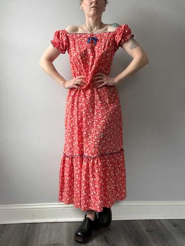 1970s Floral Flowy Red Dress