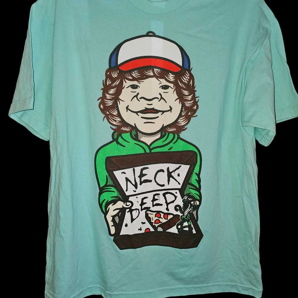 NECK DEEP Dustin T-shirt Teal Stranger Things Piz… - image 1