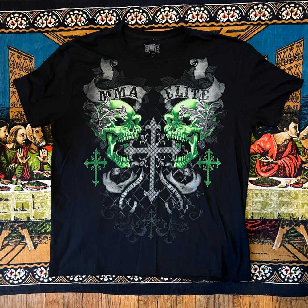 Crazy Y2k MMA Elite Black and Green Skulls Tshirt… - image 1