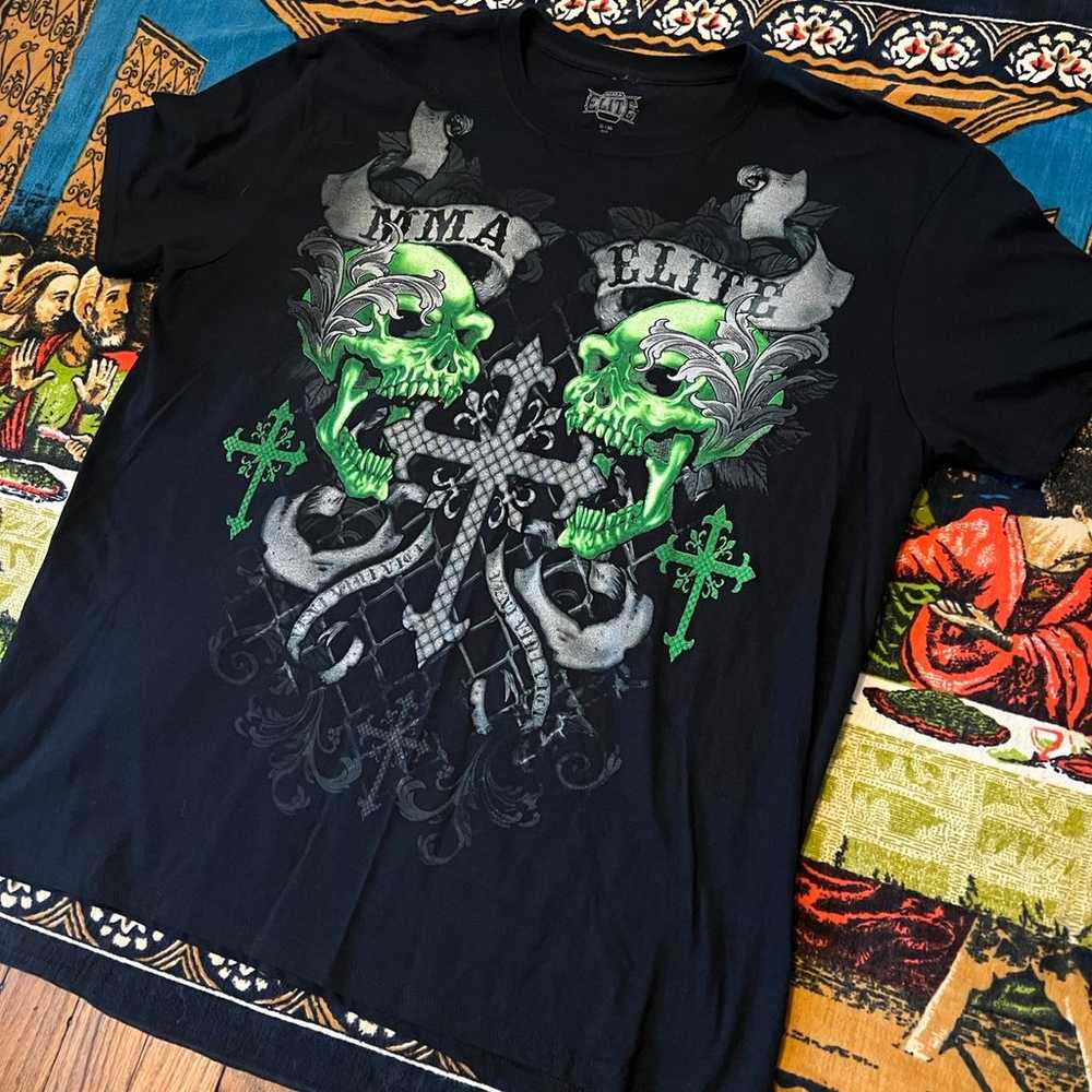 Crazy Y2k MMA Elite Black and Green Skulls Tshirt… - image 2