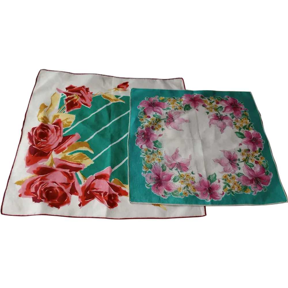 Two Vintage Cotton Floral Handkerchiefs - image 1