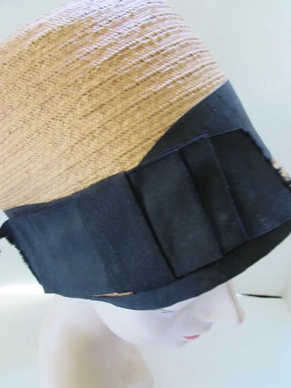Early Straw Cloche 1930 Style Black Ribbon Bands - image 10