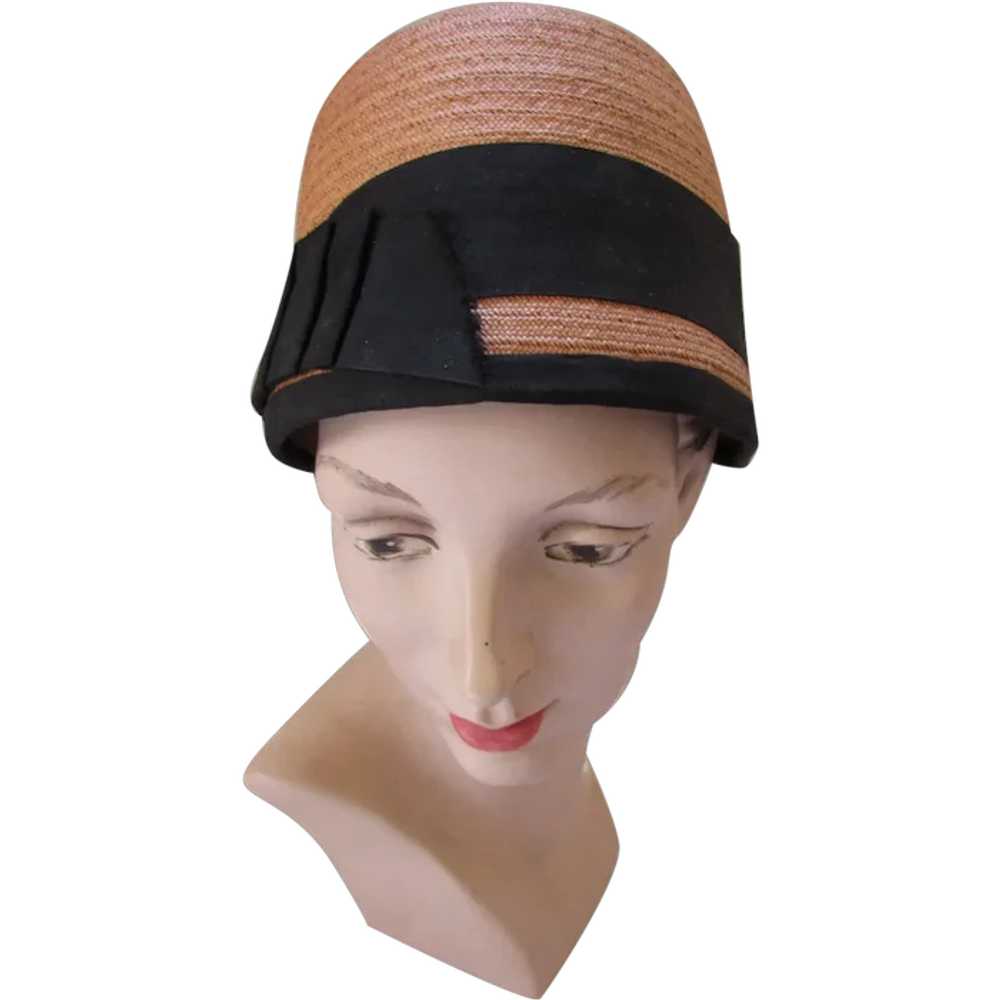 Early Straw Cloche 1930 Style Black Ribbon Bands - image 1