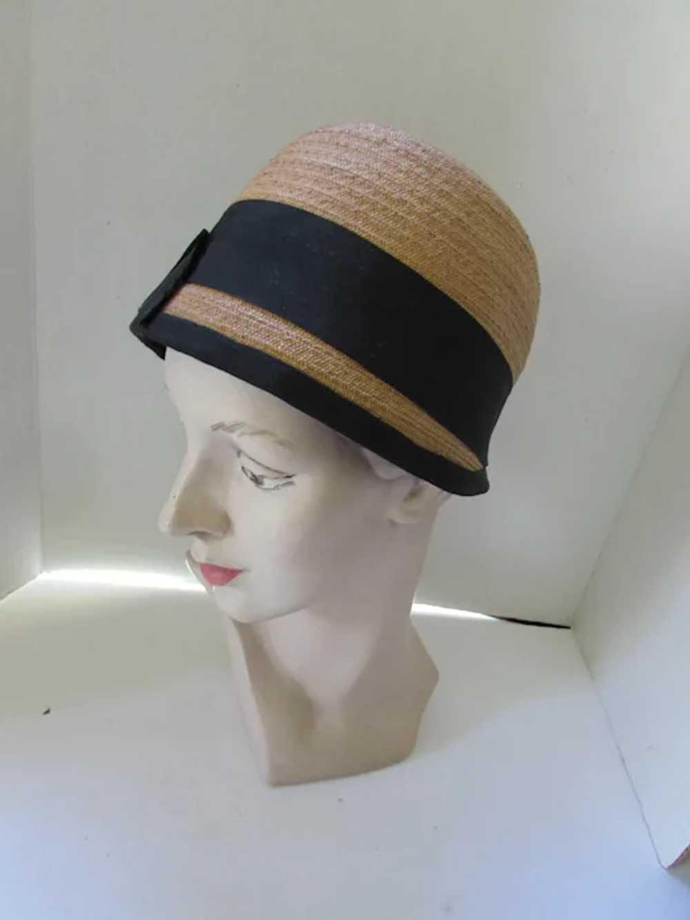 Early Straw Cloche 1930 Style Black Ribbon Bands - image 2