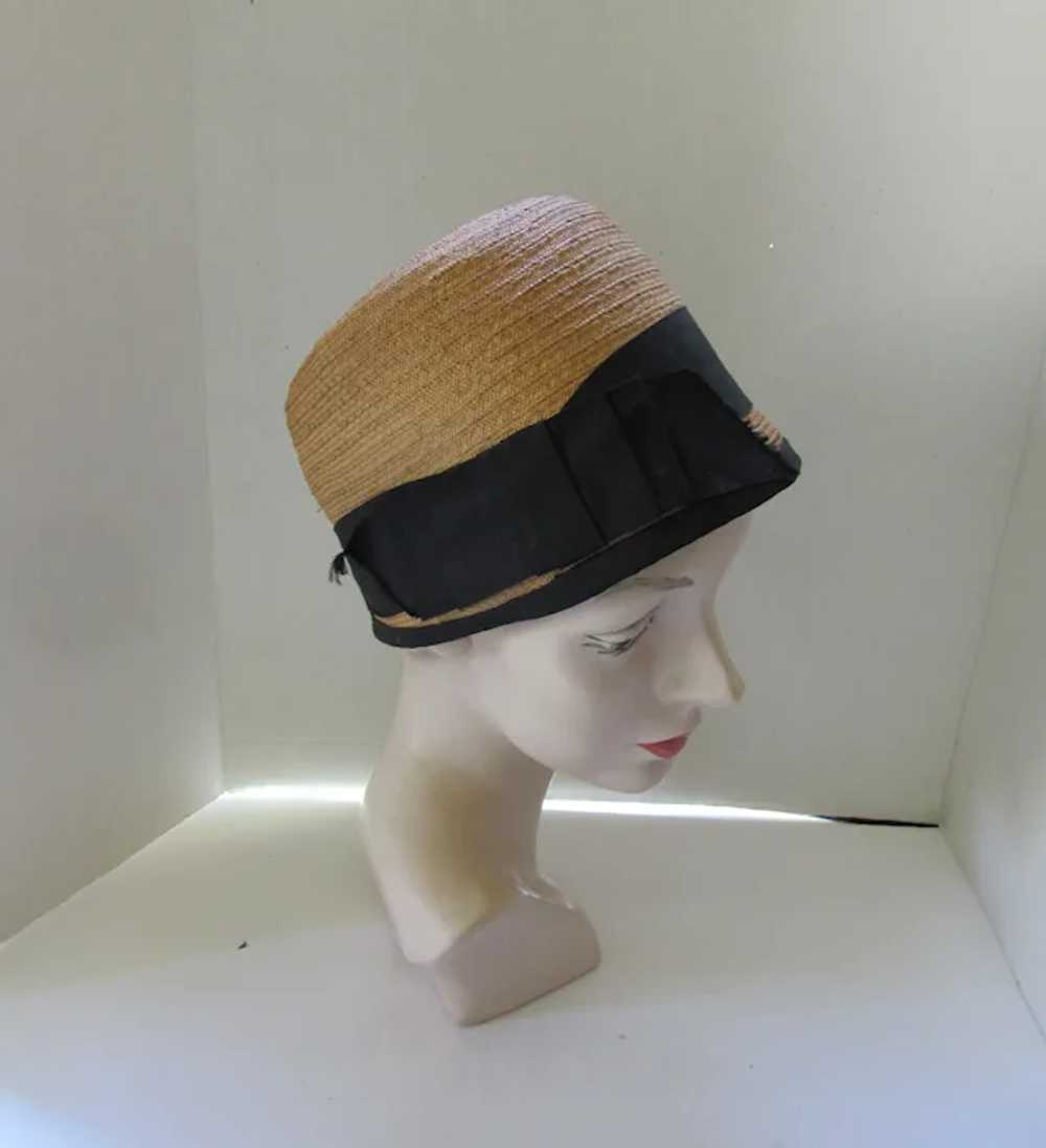 Early Straw Cloche 1930 Style Black Ribbon Bands - image 3