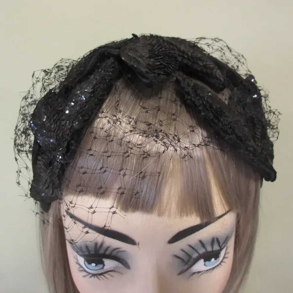 Vintage Sequined Hat, Black Headband Style, Marsh… - image 2