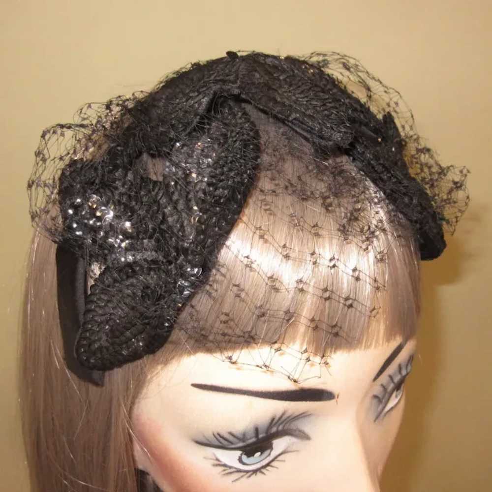 Vintage Sequined Hat, Black Headband Style, Marsh… - image 3