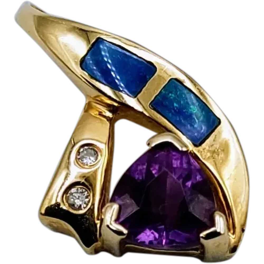 14K Gold Amethyst Inlaid Opal Diamond Pendant - image 1