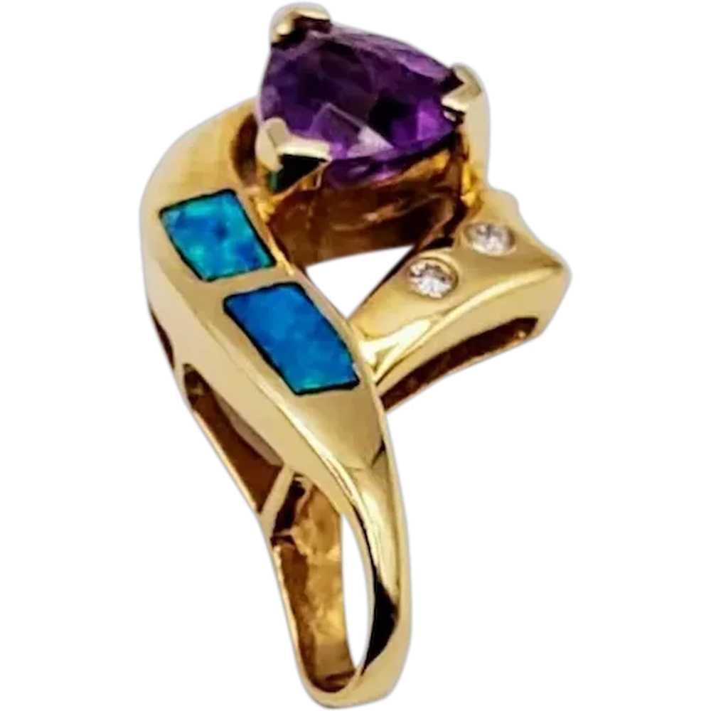 14K Gold Amethyst Inlaid Opal Diamond Pendant - image 2