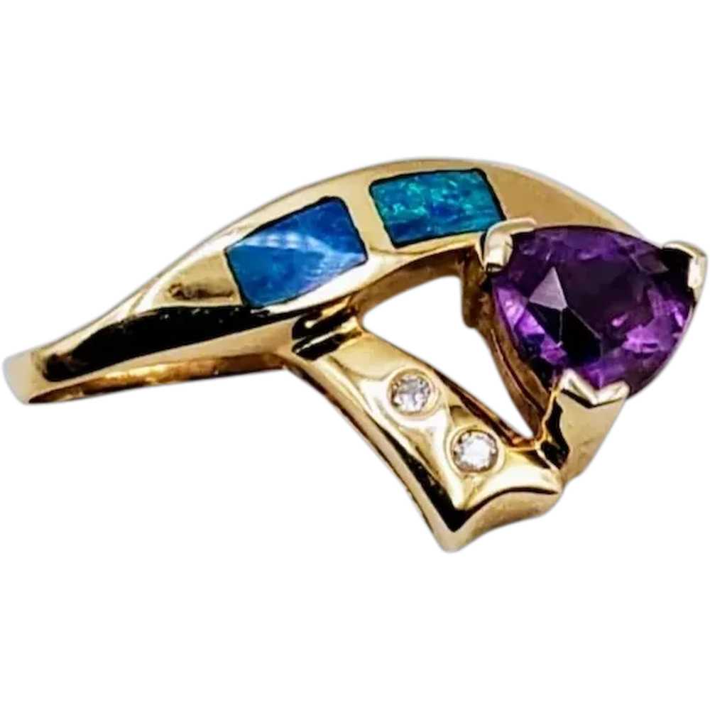 14K Gold Amethyst Inlaid Opal Diamond Pendant - image 3