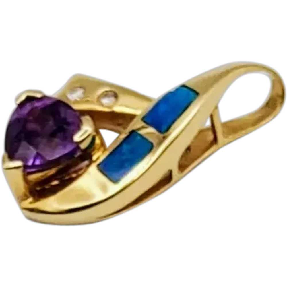 14K Gold Amethyst Inlaid Opal Diamond Pendant - image 4