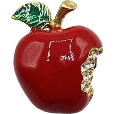 Bright Red Enamel and Rhinestone Apple Brooch Pin… - image 1