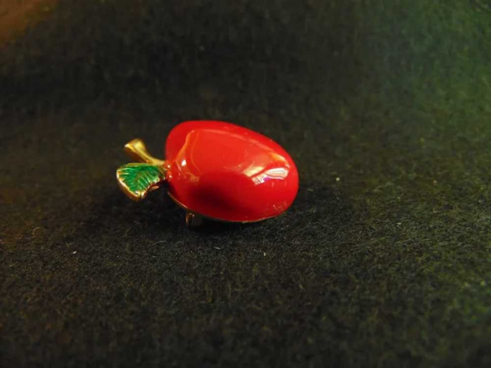 Bright Red Enamel and Rhinestone Apple Brooch Pin… - image 5