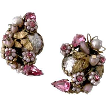 Pink Crystal & Faux Pearl Earrings, Signed Eugene