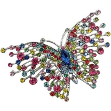 Butterfly Brooch, Rainbow, Rhinestones, Pink, Blu… - image 1